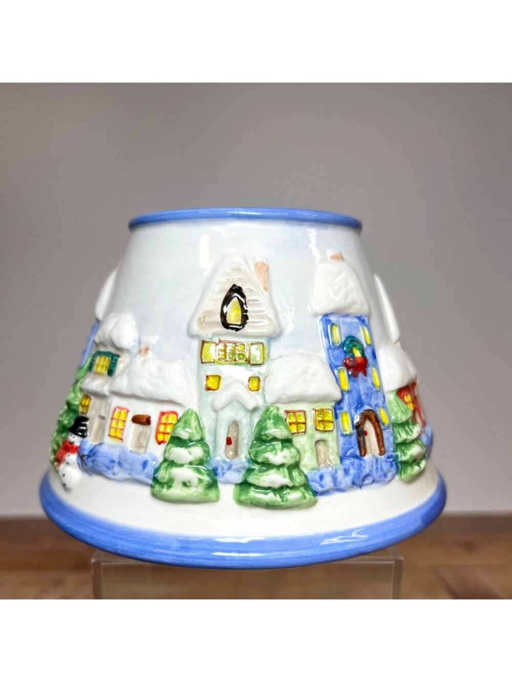 Hand-Painted Ceramic Christmas Village Candle Shade With Winter Scene